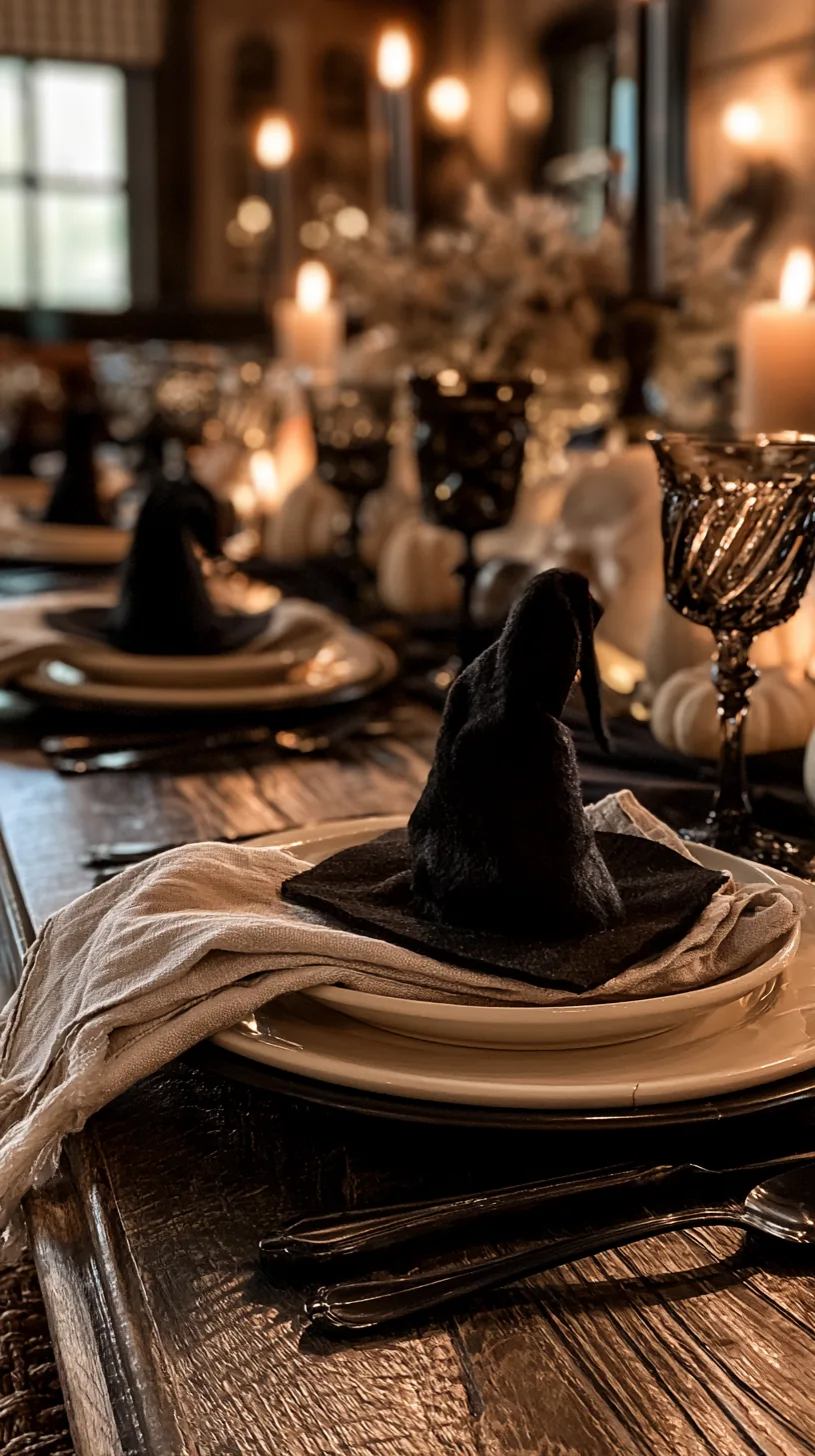 small witch hat toppers placed at each Halloween table setting, photo 1 of 4