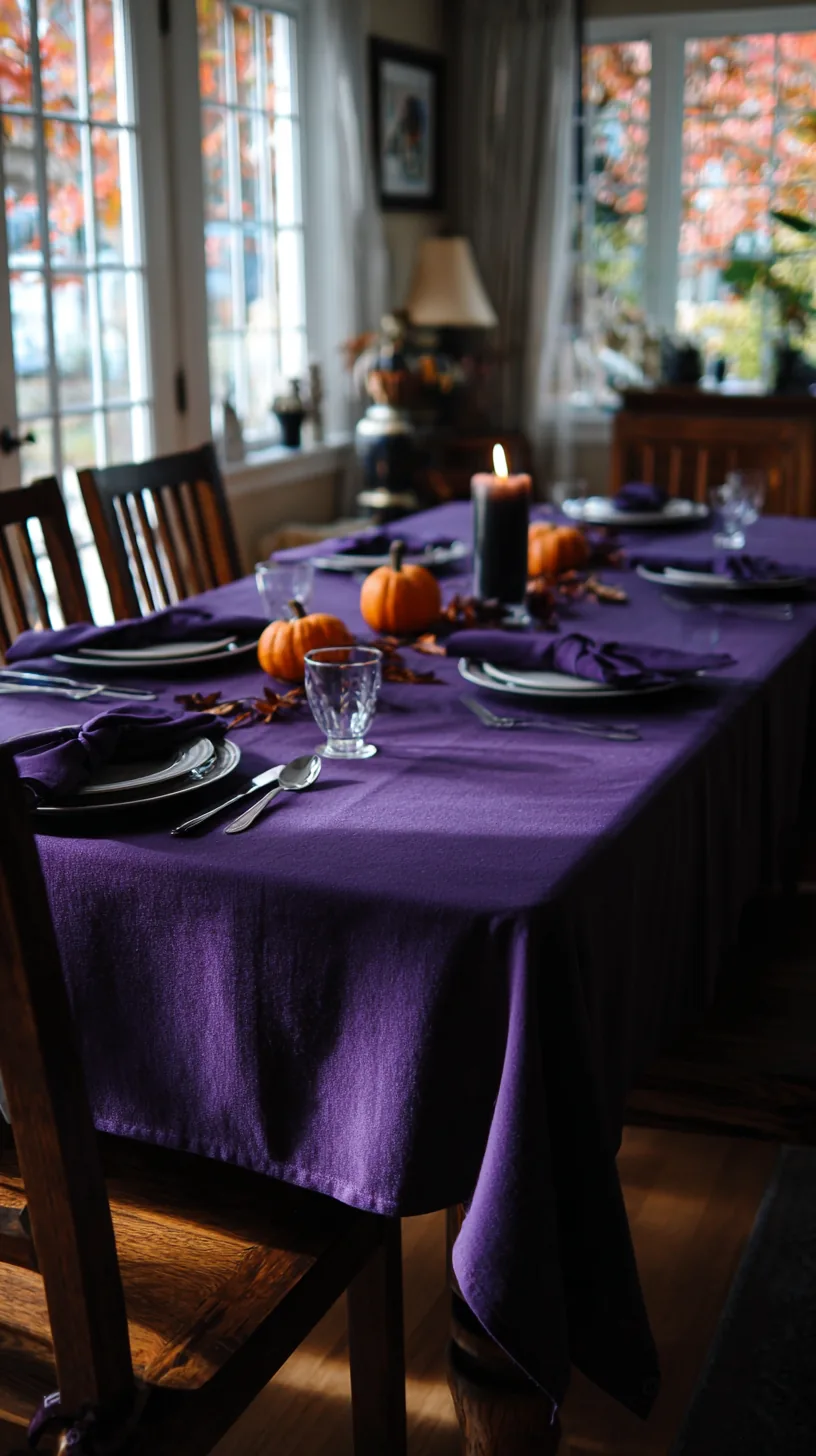 deep purple table linens creating a moody witchy Halloween palette, photo 2 of 4