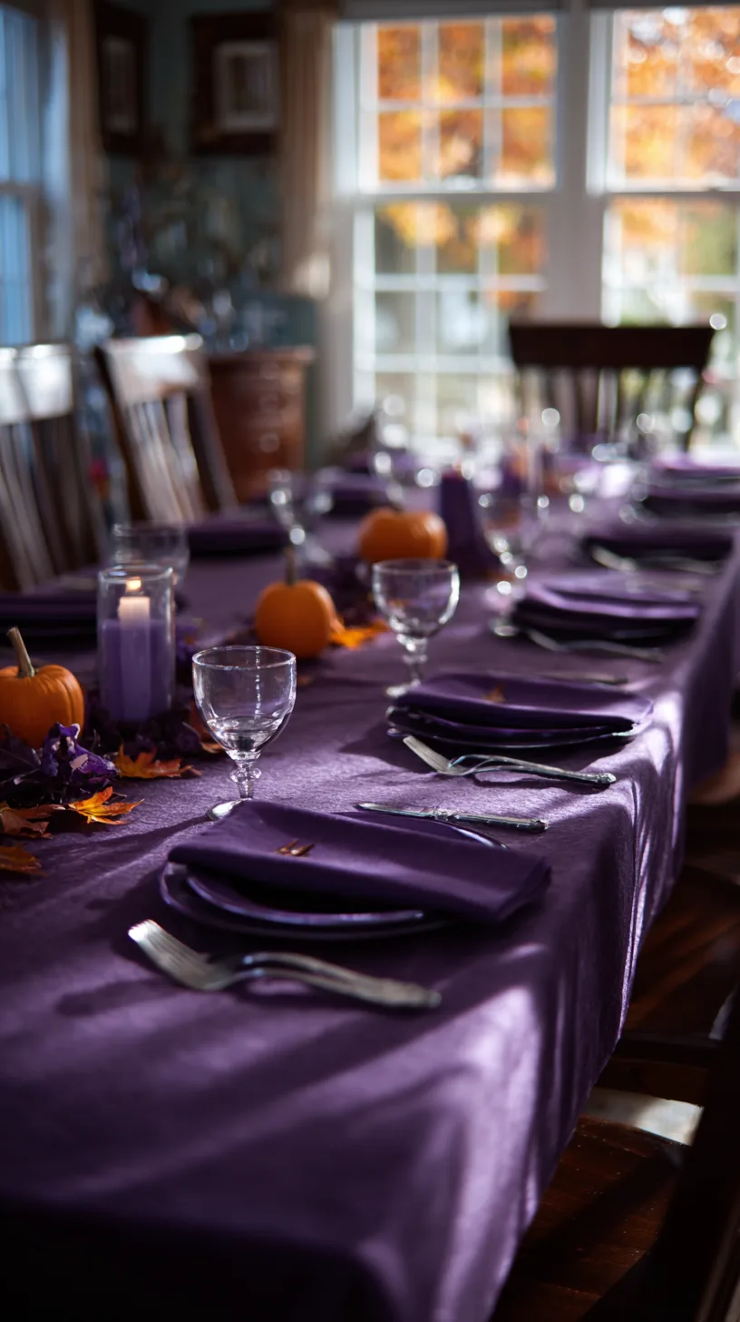deep purple table linens creating a moody witchy Halloween palette, photo 3 of 4