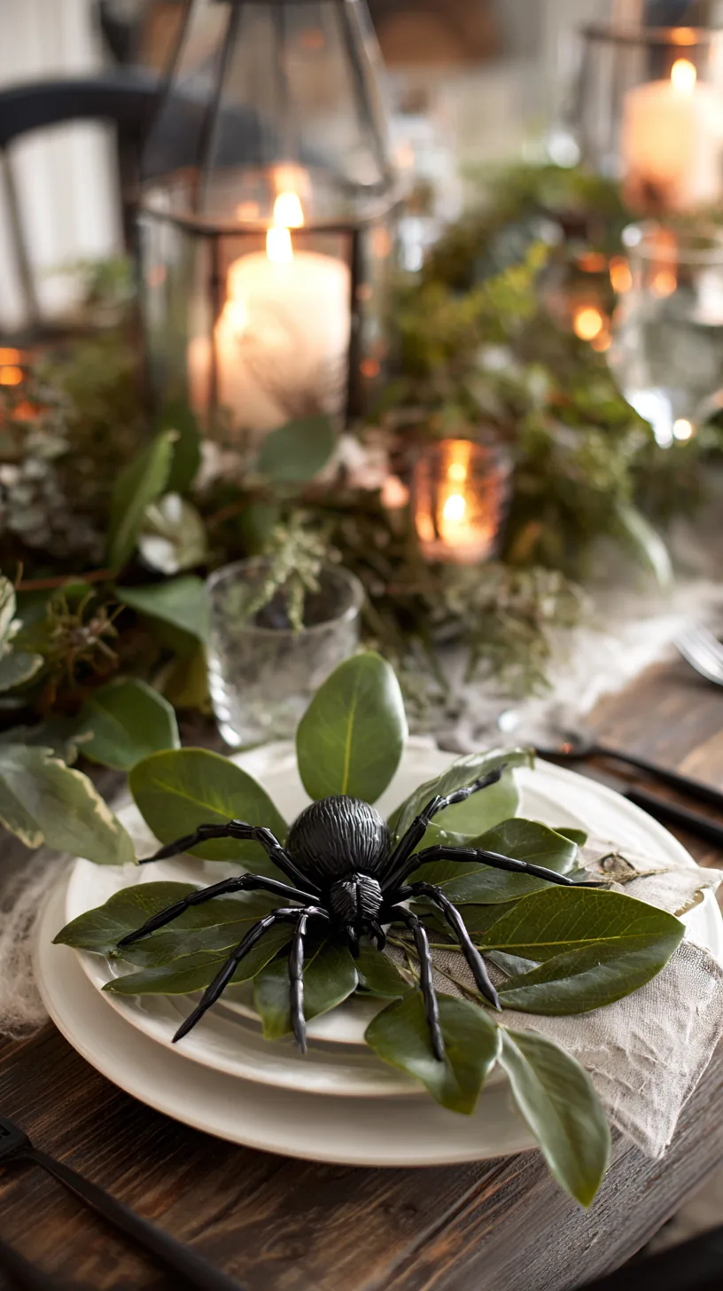 faux spiders tucked into greenery within a Halloween table centerpiece, photo 1 of 4
