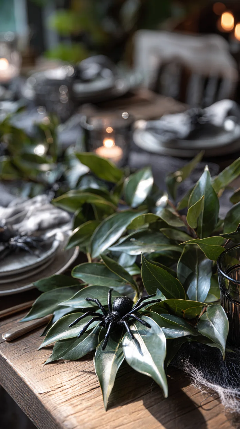 faux spiders tucked into greenery within a Halloween table centerpiece, photo 2 of 4