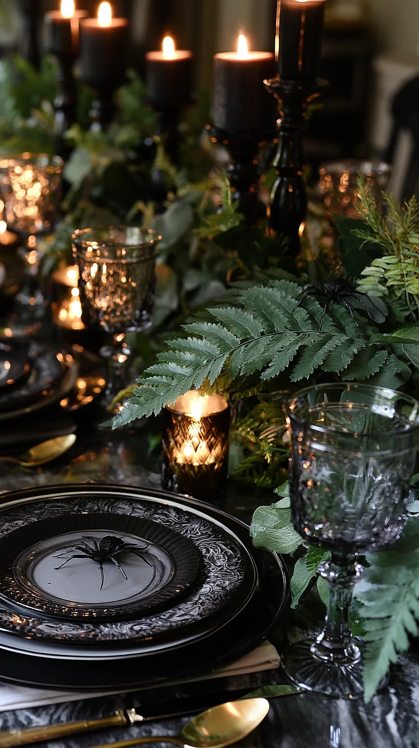 faux spiders tucked into greenery within a Halloween table centerpiece, photo 3 of 4