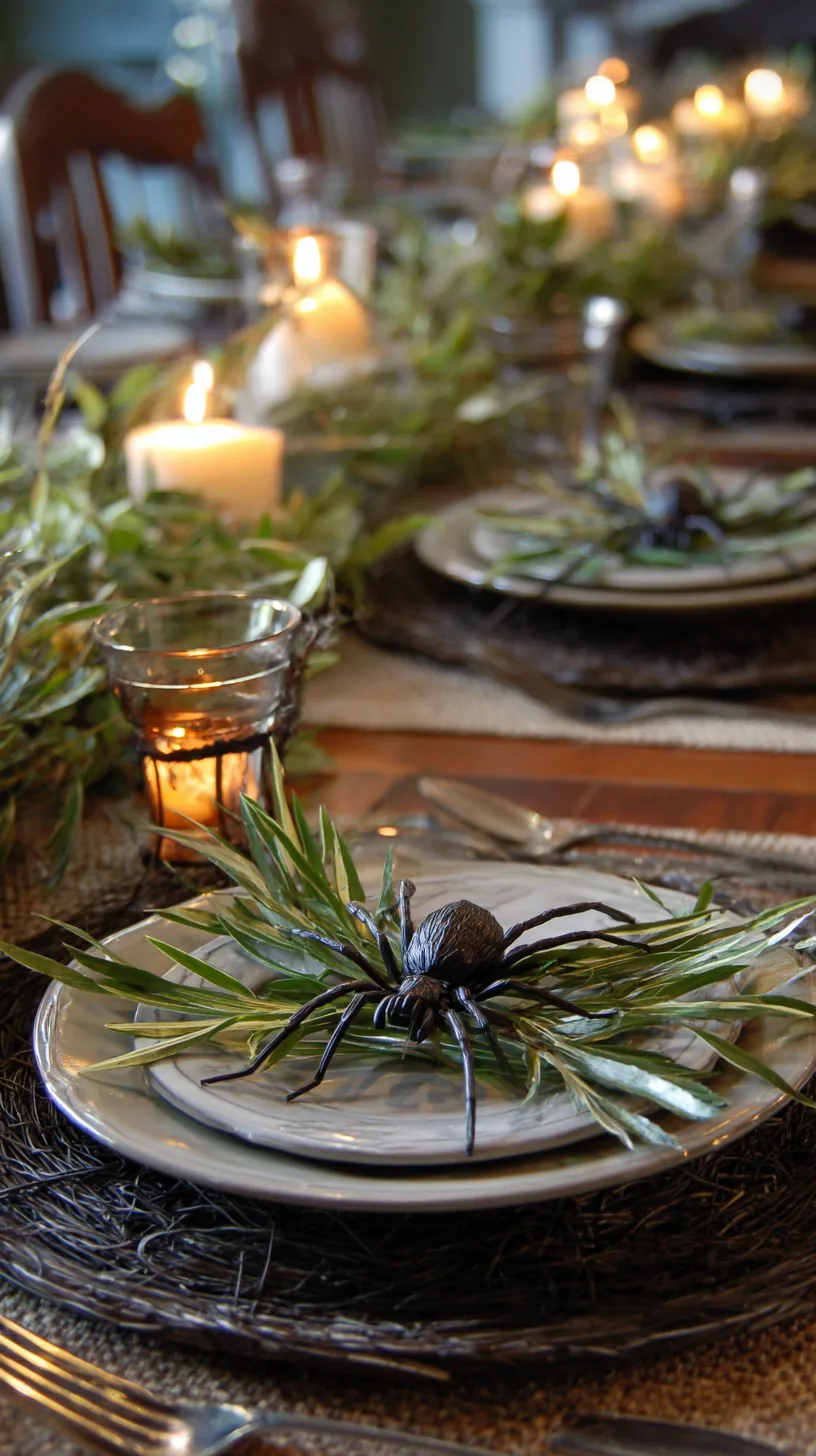 faux spiders tucked into greenery within a Halloween table centerpiece, photo 4 of 4