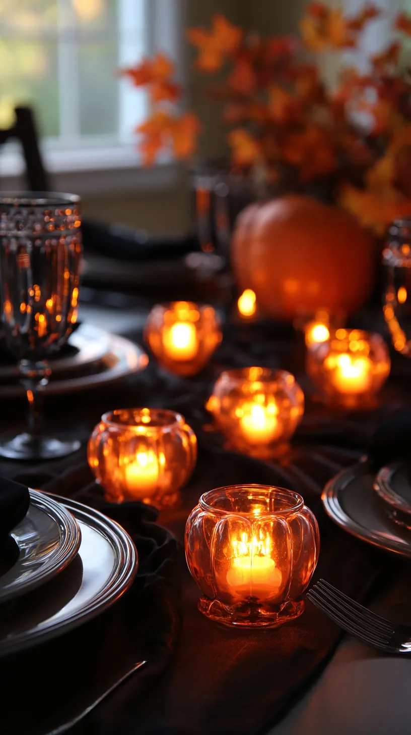 row of glowing LED pumpkin votives lighting a Halloween table at dusk, photo 1 of 4