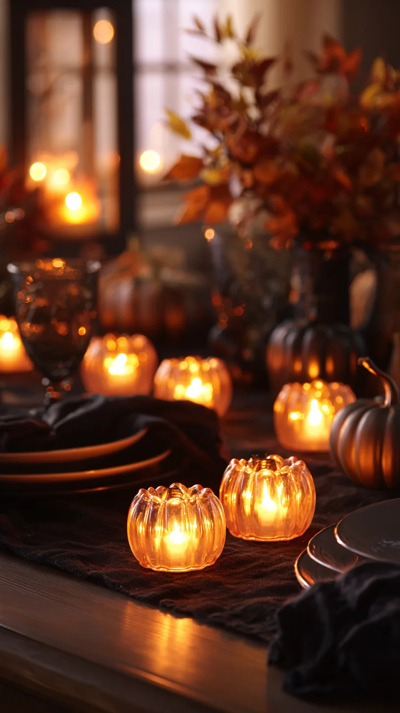 row of glowing LED pumpkin votives lighting a Halloween table at dusk, photo 2 of 4