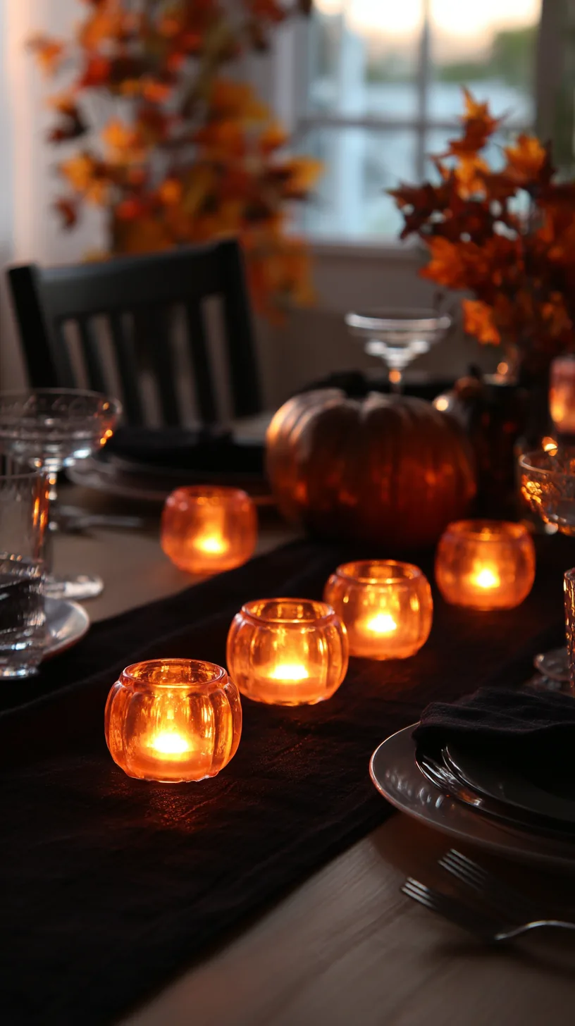 row of glowing LED pumpkin votives lighting a Halloween table at dusk, photo 3 of 4