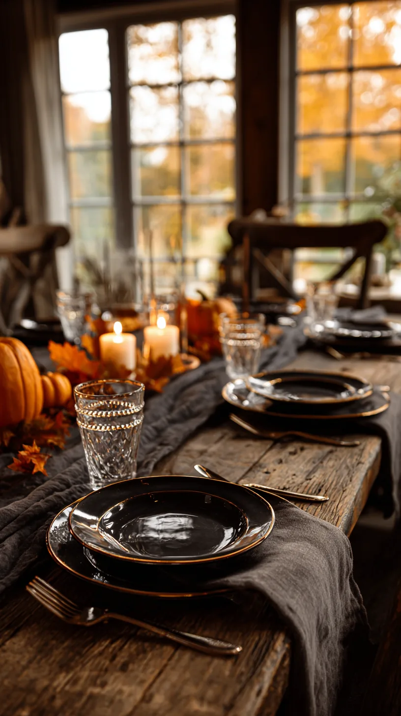 black and gold rimmed dinnerware set on an elegant Halloween table, photo 1 of 4