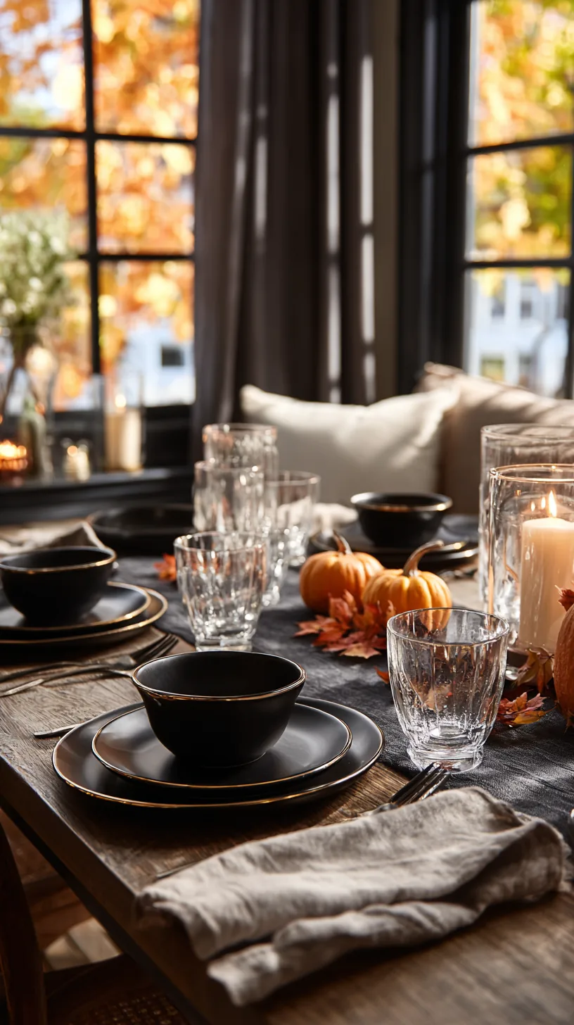 black and gold rimmed dinnerware set on an elegant Halloween table, photo 2 of 4