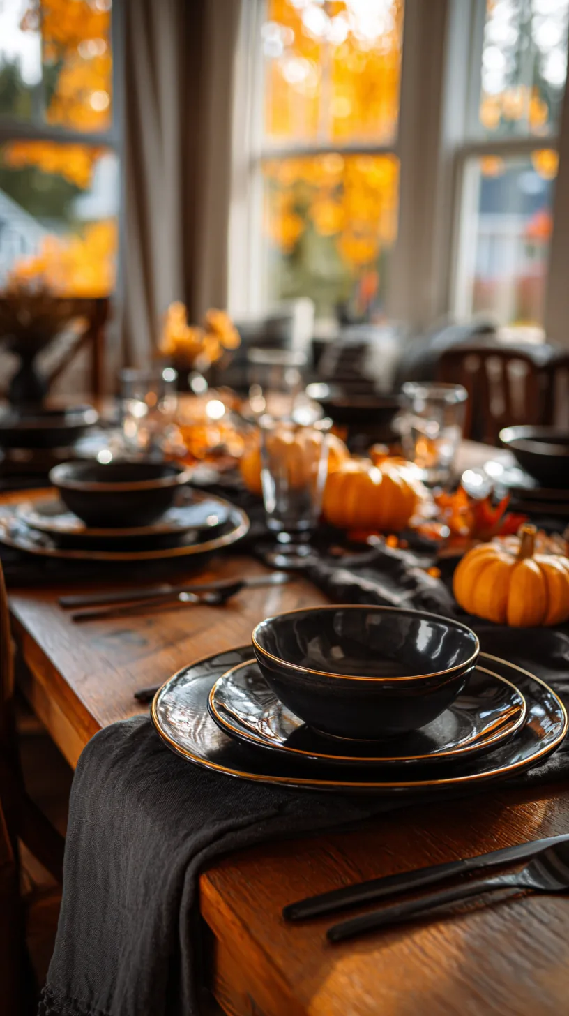 black and gold rimmed dinnerware set on an elegant Halloween table, photo 3 of 4