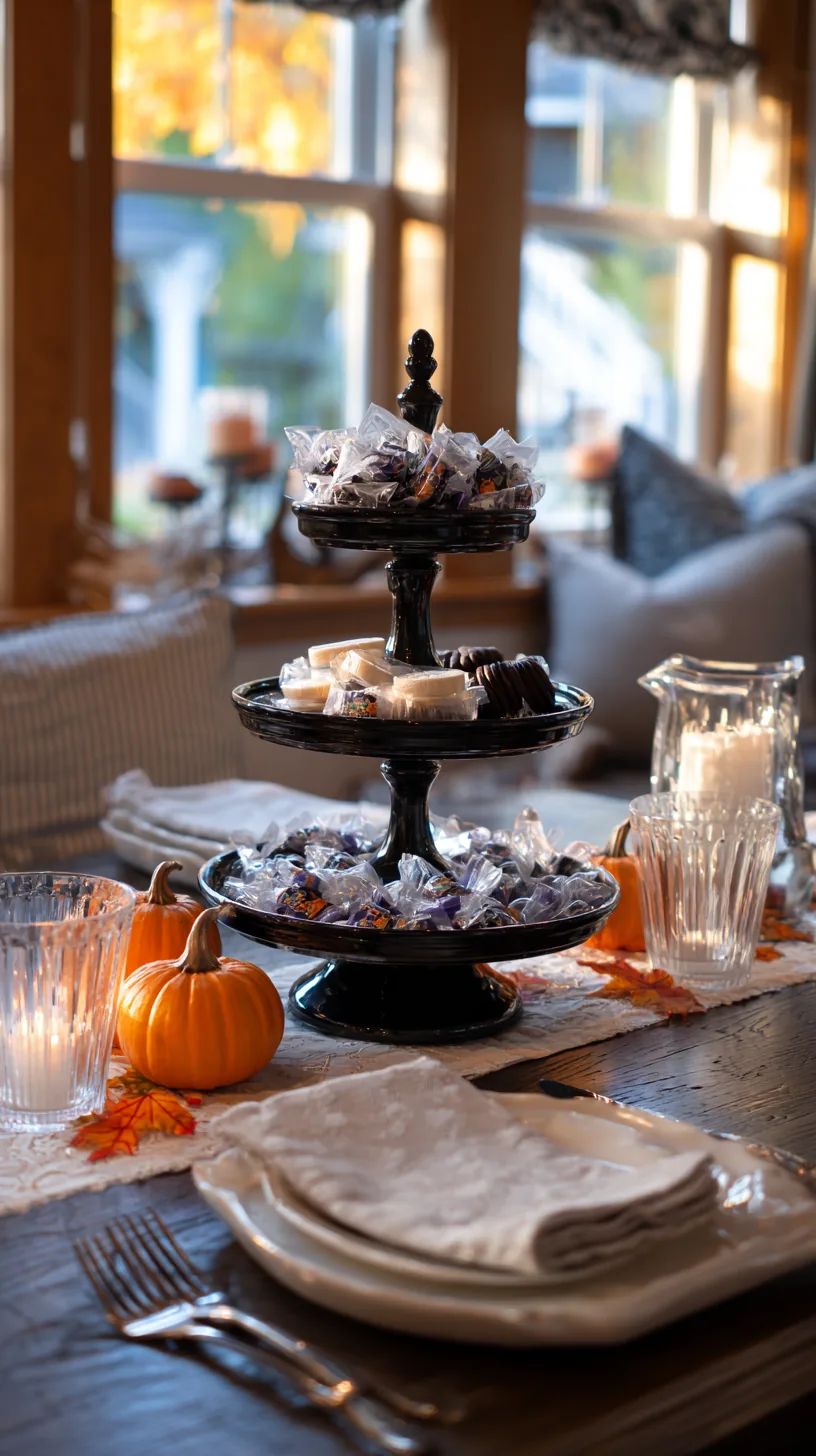 tiered stand of Halloween treats used as a table centerpiece, photo 1 of 4