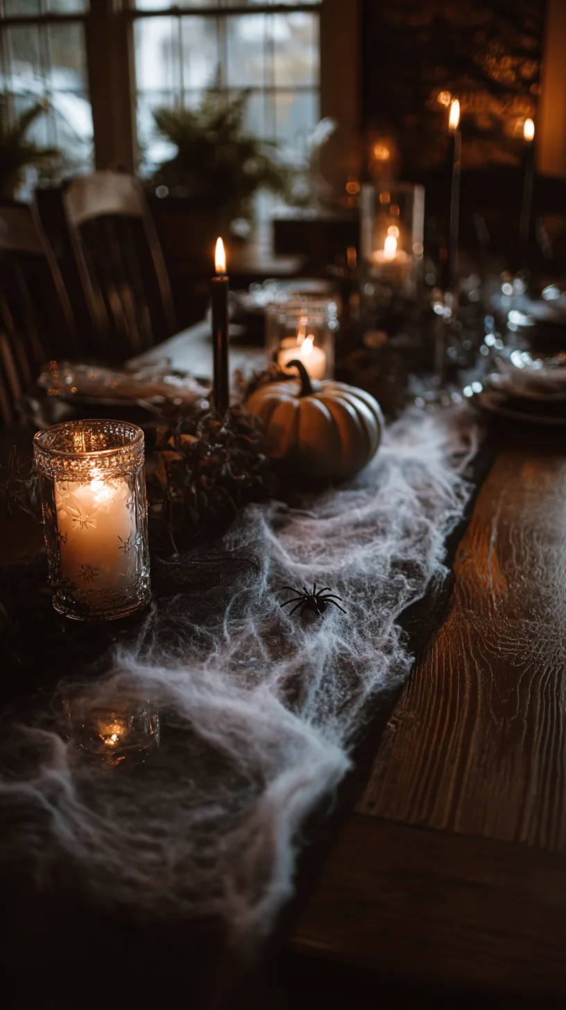 loose faux cobwebs trailing down a Halloween table runner, photo 1 of 4