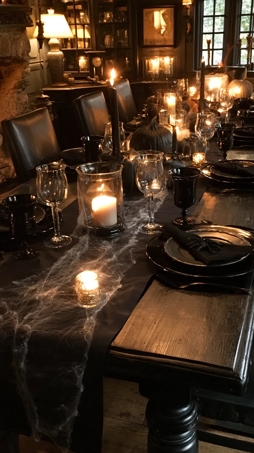 loose faux cobwebs trailing down a Halloween table runner, photo 2 of 4
