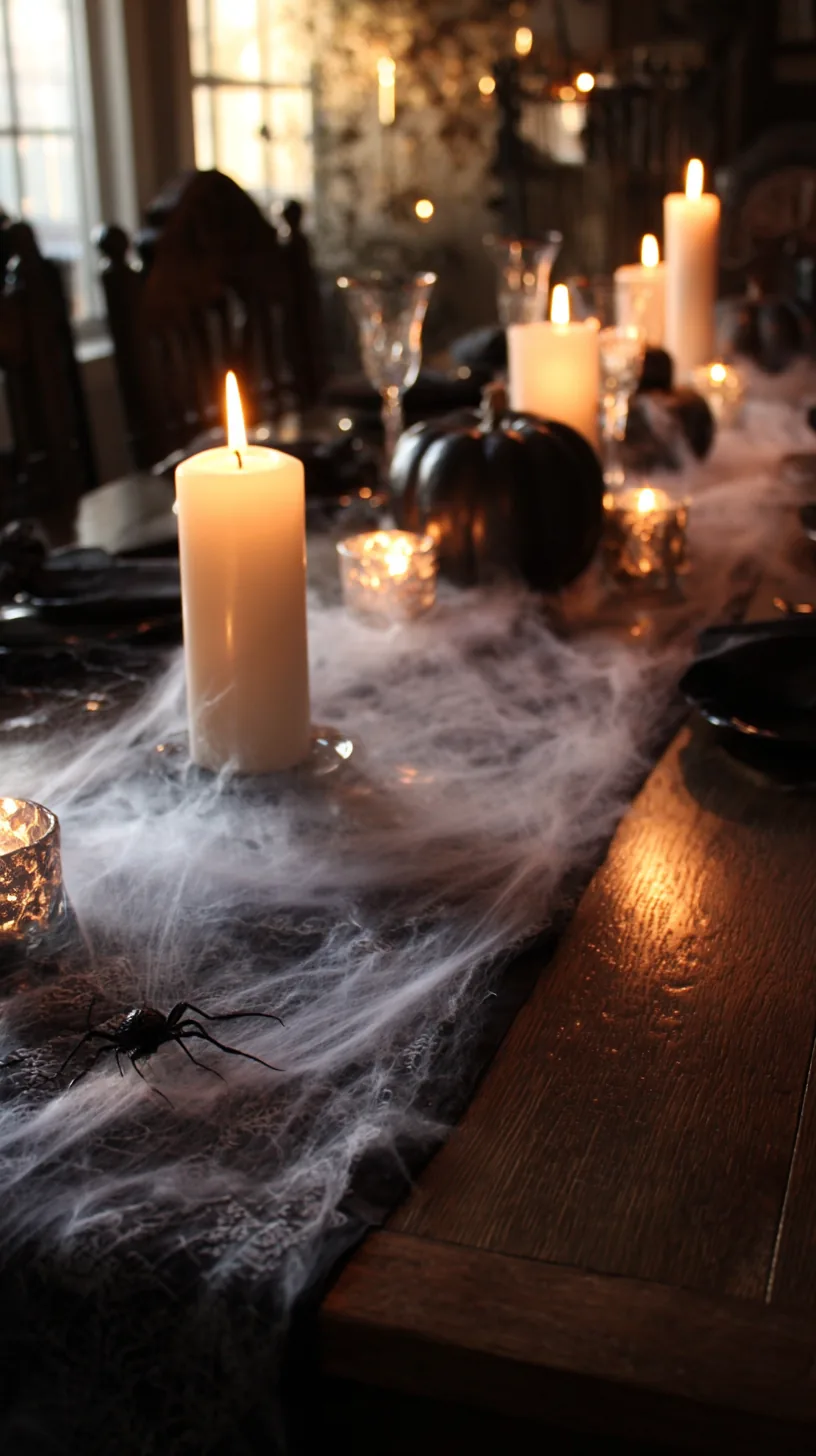 loose faux cobwebs trailing down a Halloween table runner, photo 3 of 4