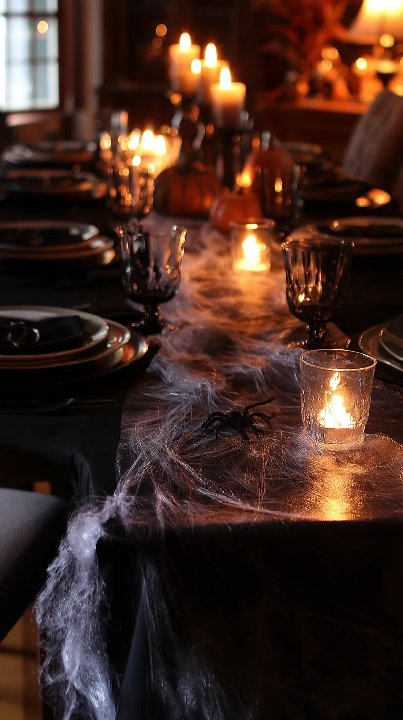 loose faux cobwebs trailing down a Halloween table runner, photo 4 of 4