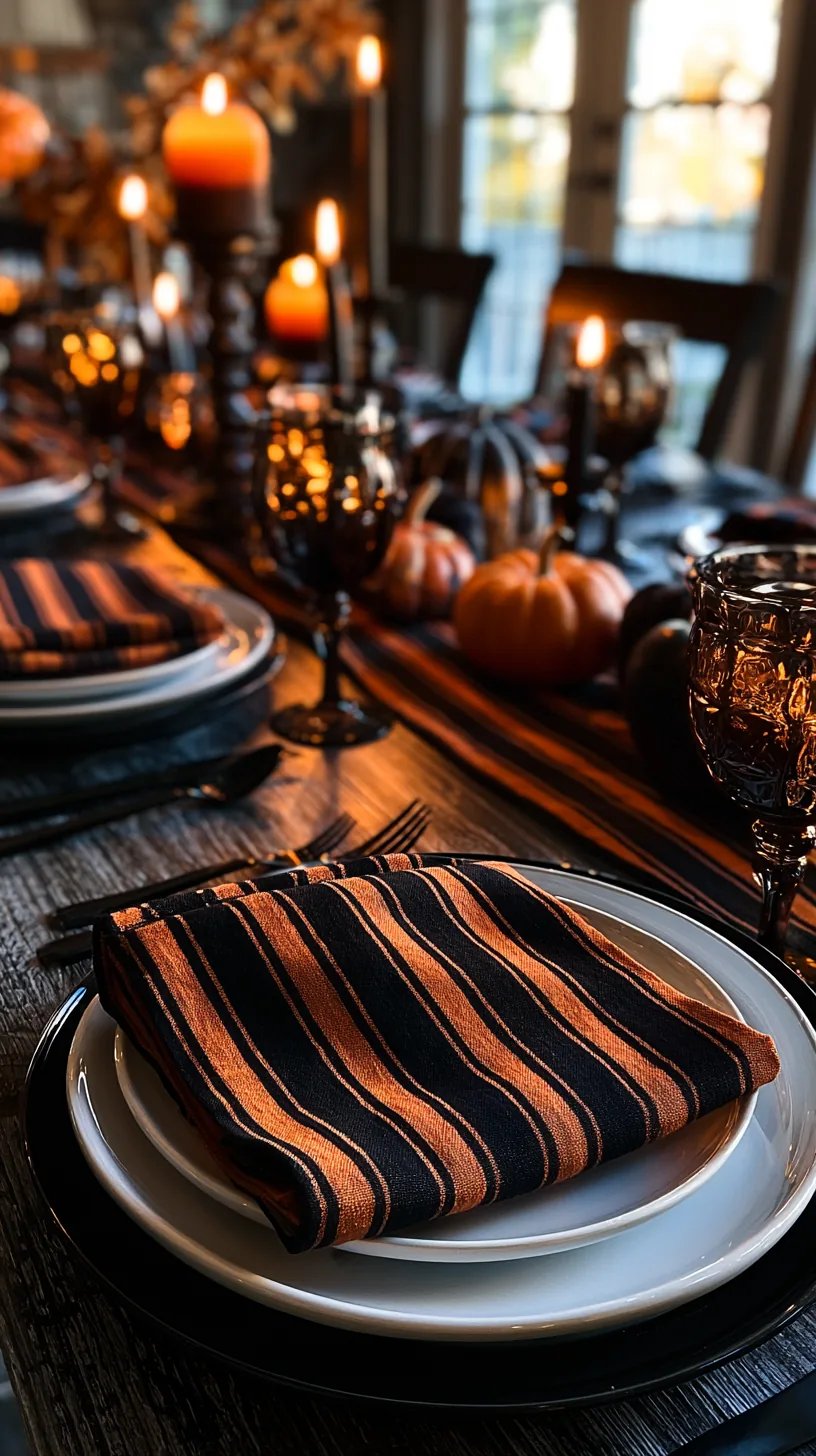 orange and black striped napkins bringing bold color to a Halloween table, photo 1 of 4