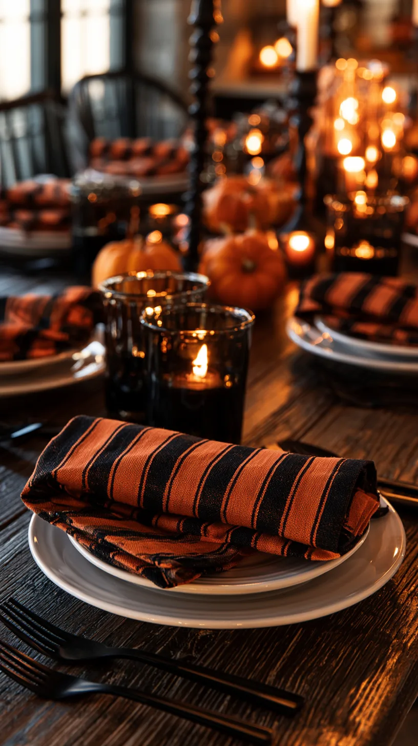 orange and black striped napkins bringing bold color to a Halloween table, photo 2 of 4
