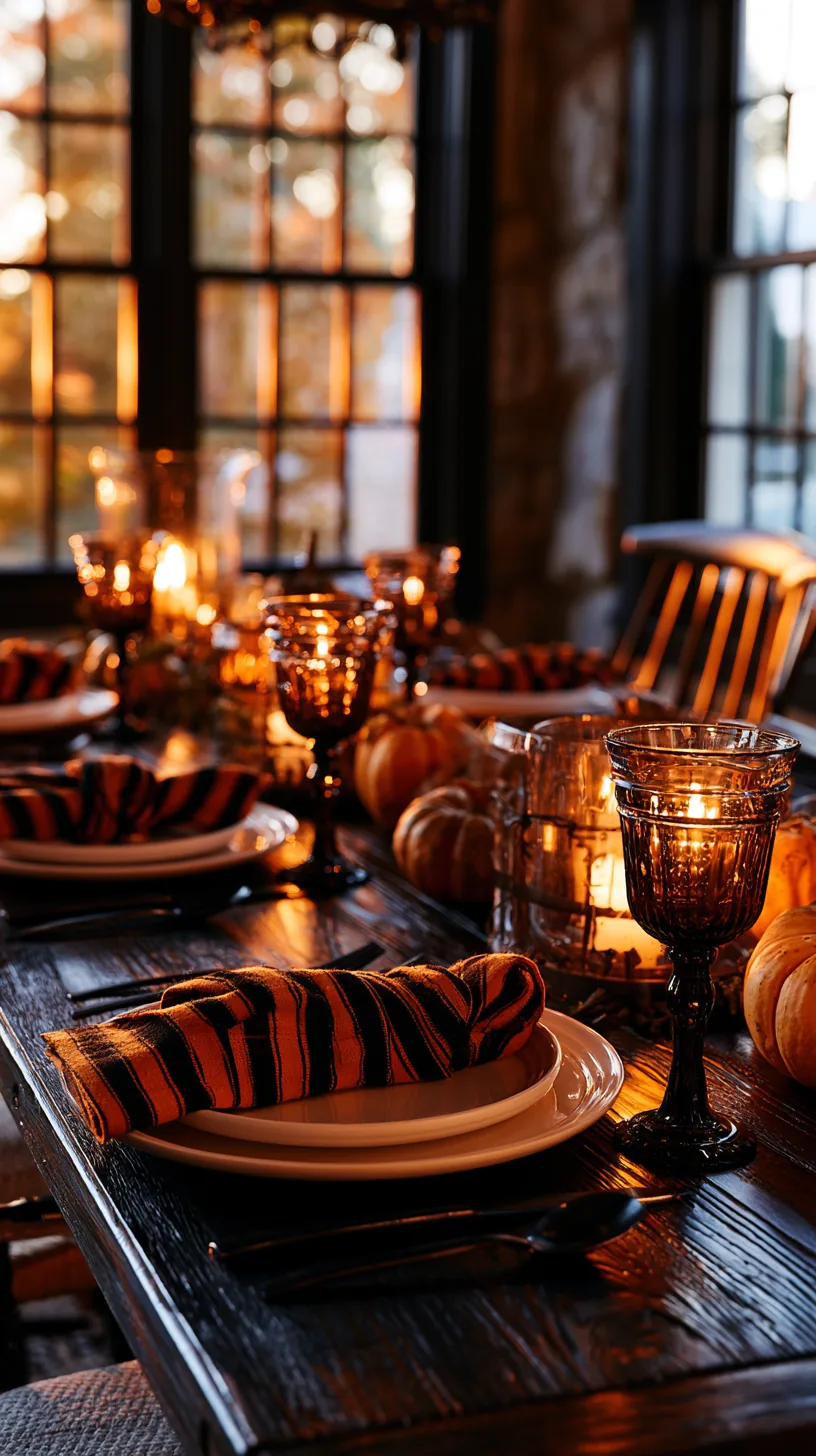 orange and black striped napkins bringing bold color to a Halloween table, photo 3 of 4