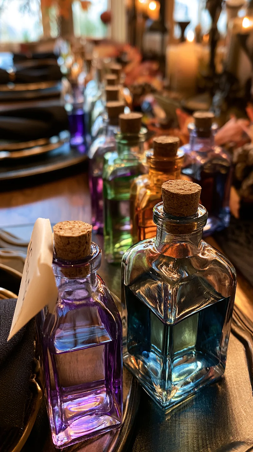 small potion bottle used as a place card holder on a Halloween table, photo 1 of 4
