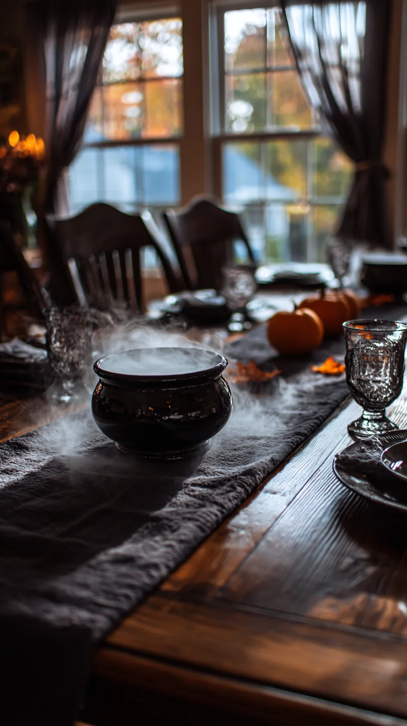 small cauldron with dry ice fog as a dramatic Halloween table centerpiece, photo 2 of 4