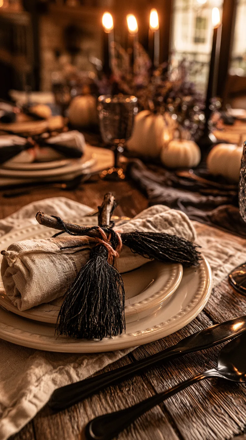 mini broomstick napkin accents on a Halloween dinner table, photo 1 of 4