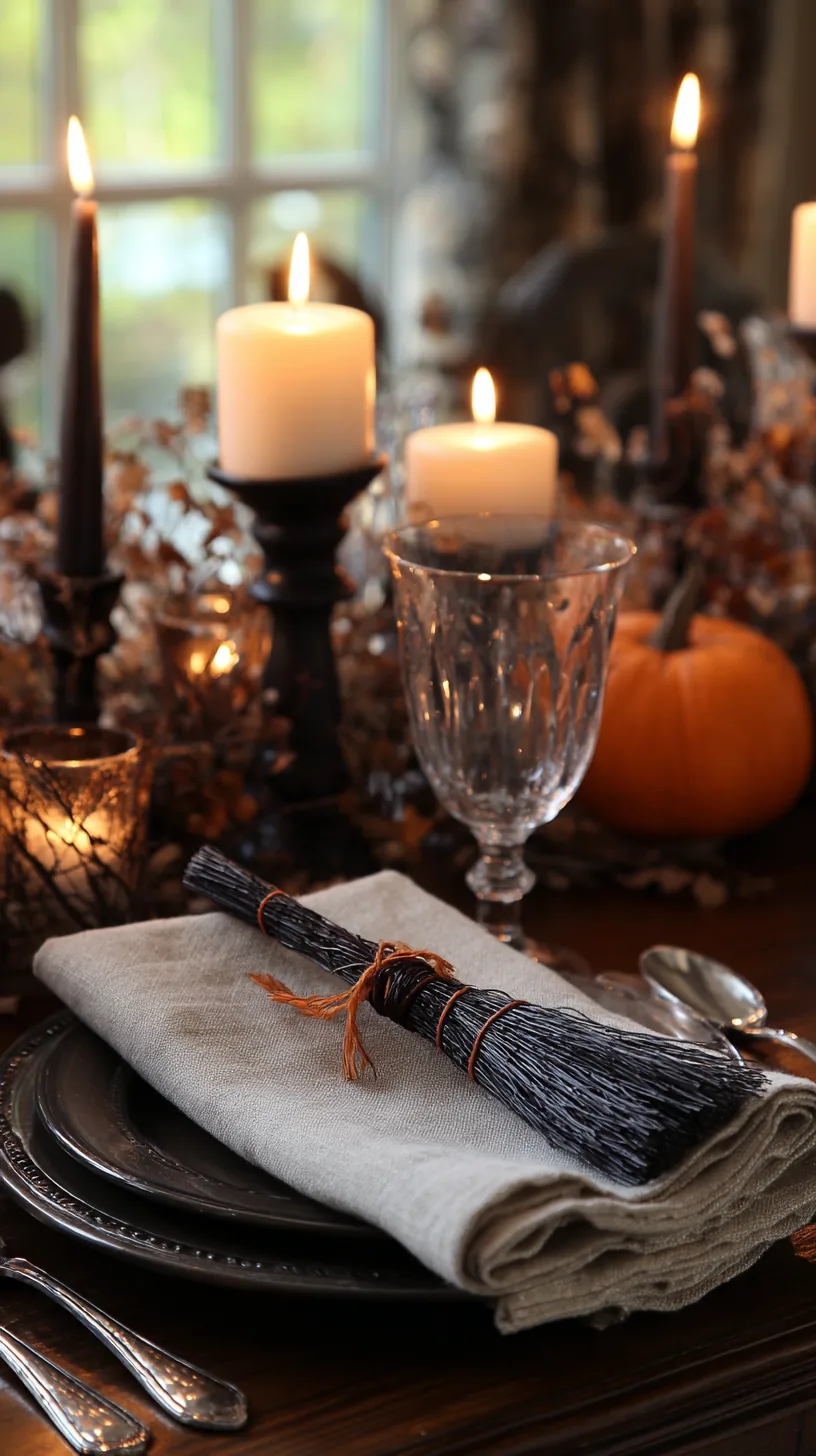 mini broomstick napkin accents on a Halloween dinner table, photo 2 of 4