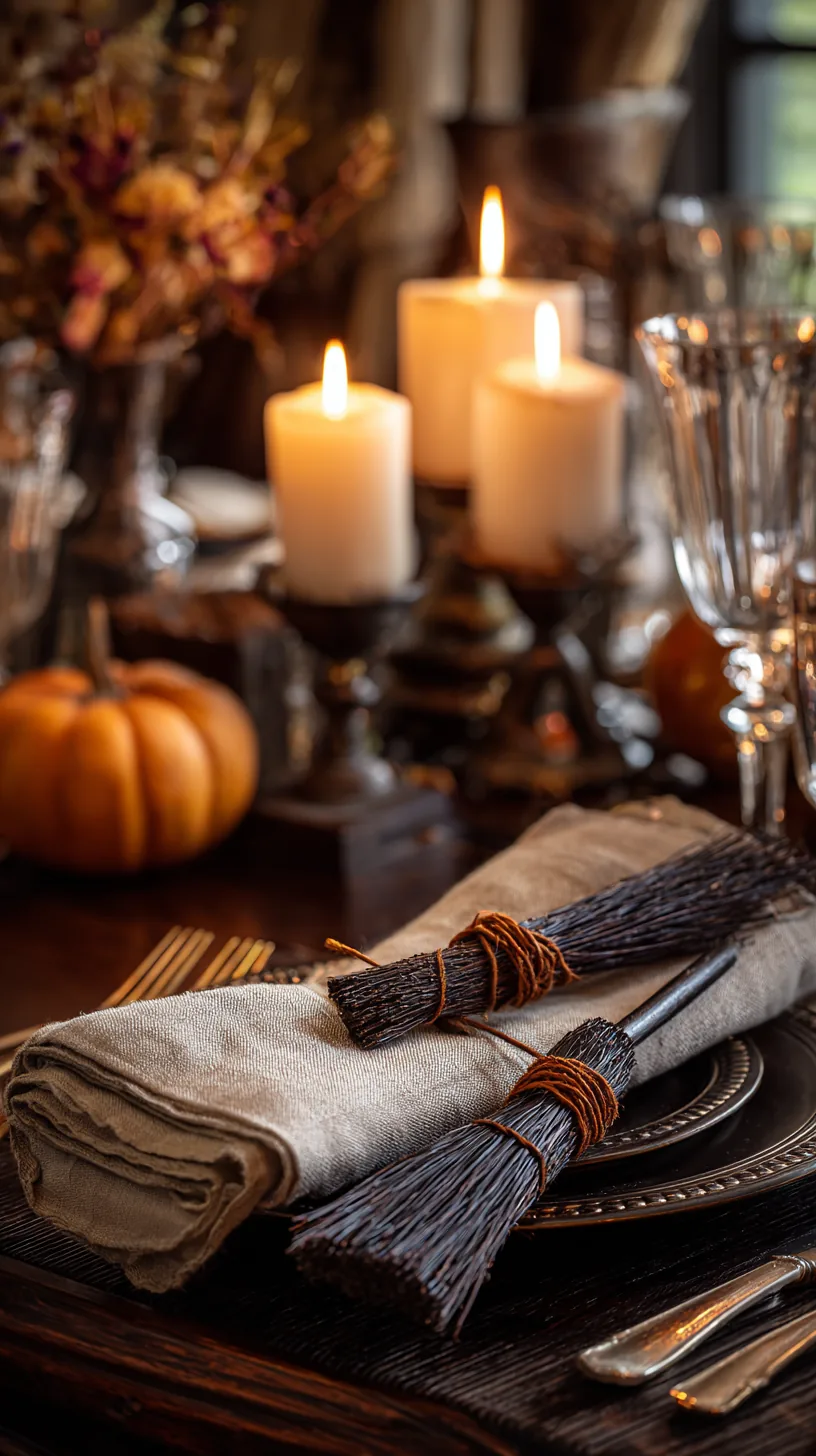mini broomstick napkin accents on a Halloween dinner table, photo 3 of 4