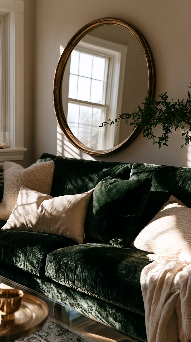 large gold sunburst mirror above a green sofa reflecting window light, photo 1 of 4