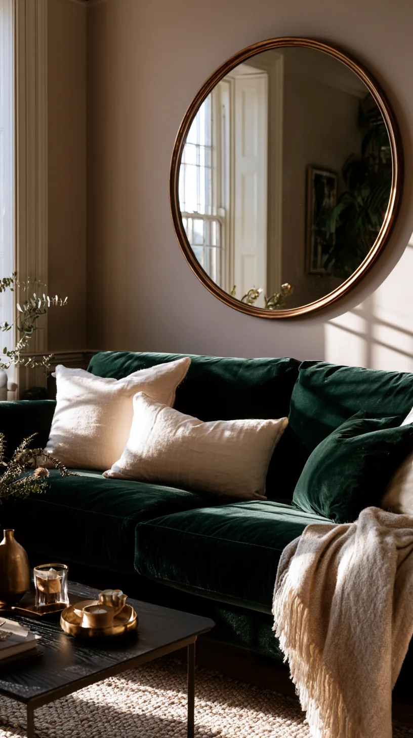 large gold sunburst mirror above a green sofa reflecting window light, photo 2 of 4