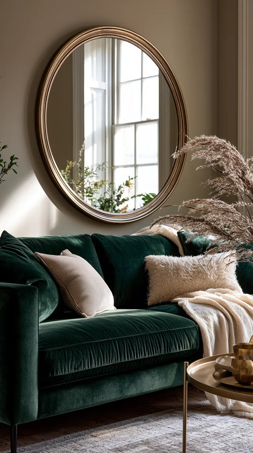 large gold sunburst mirror above a green sofa reflecting window light, photo 3 of 4