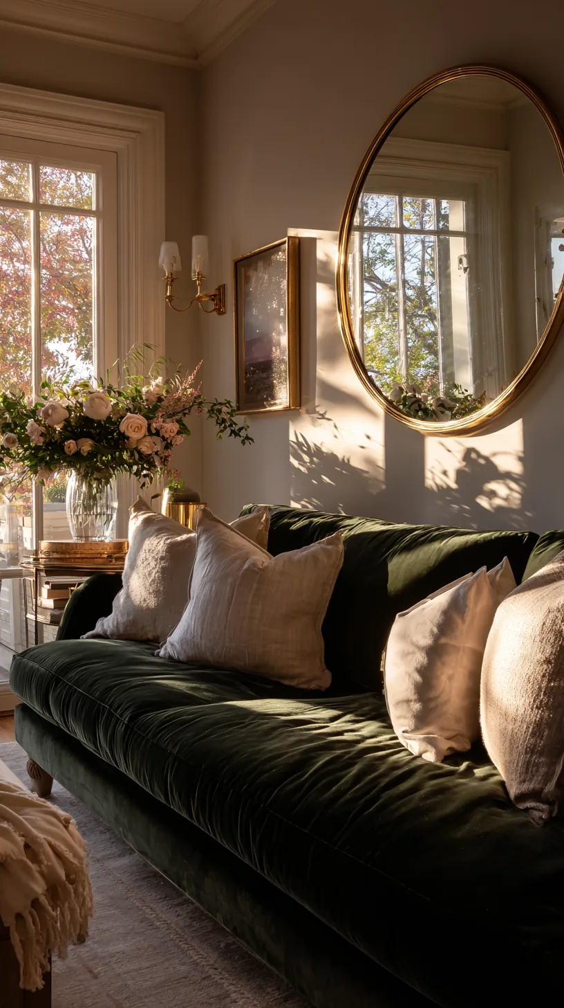 large gold sunburst mirror above a green sofa reflecting window light, photo 4 of 4