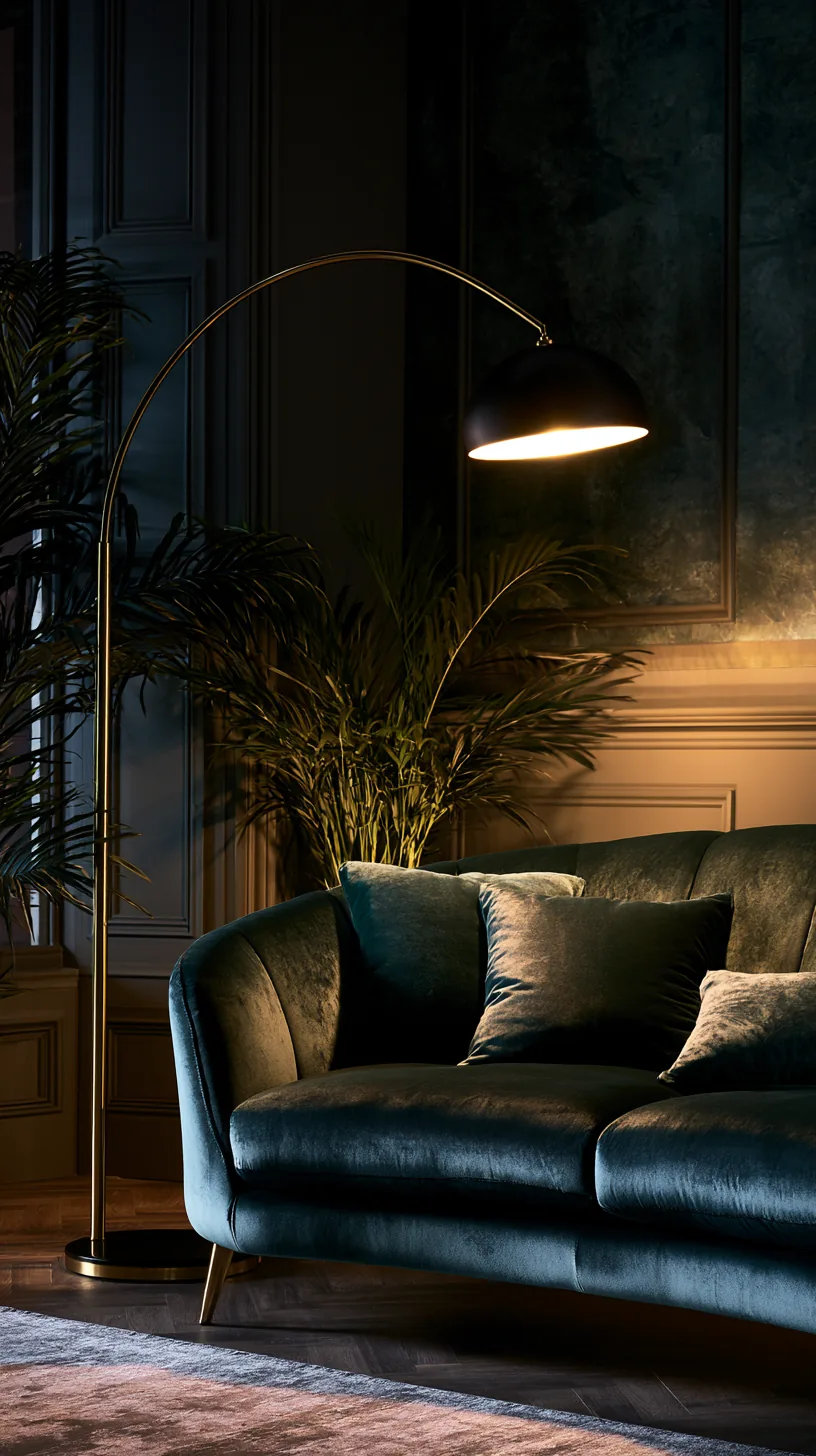 arc floor lamp casting warm light over a dark green sofa at dusk, photo 1 of 4