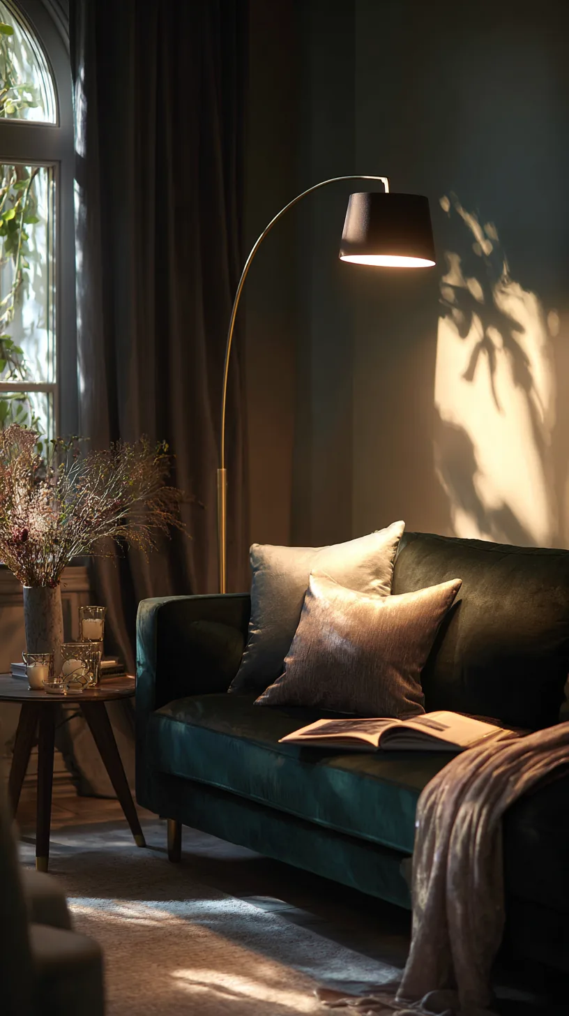 arc floor lamp casting warm light over a dark green sofa at dusk, photo 2 of 4