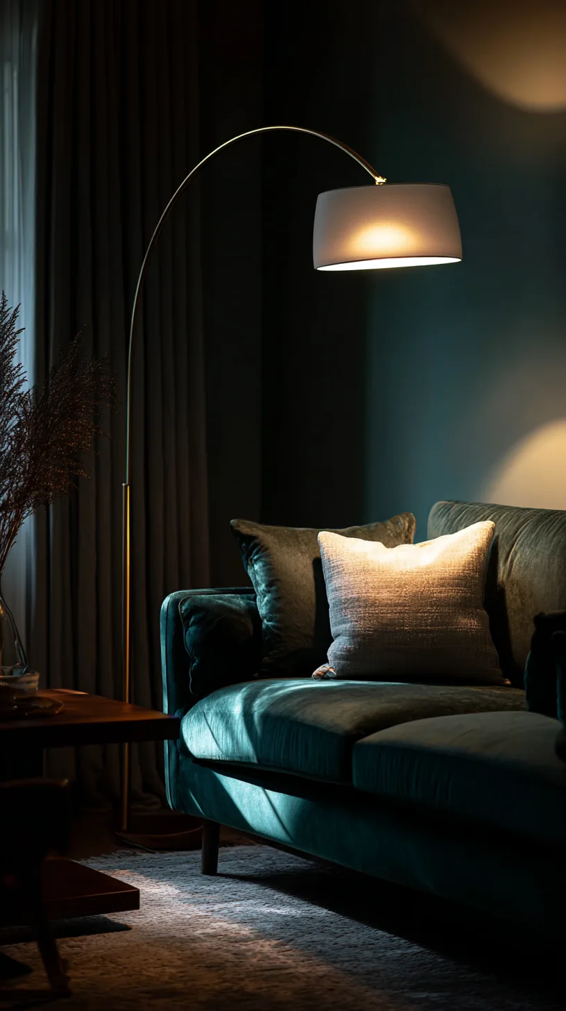 arc floor lamp casting warm light over a dark green sofa at dusk, photo 3 of 4