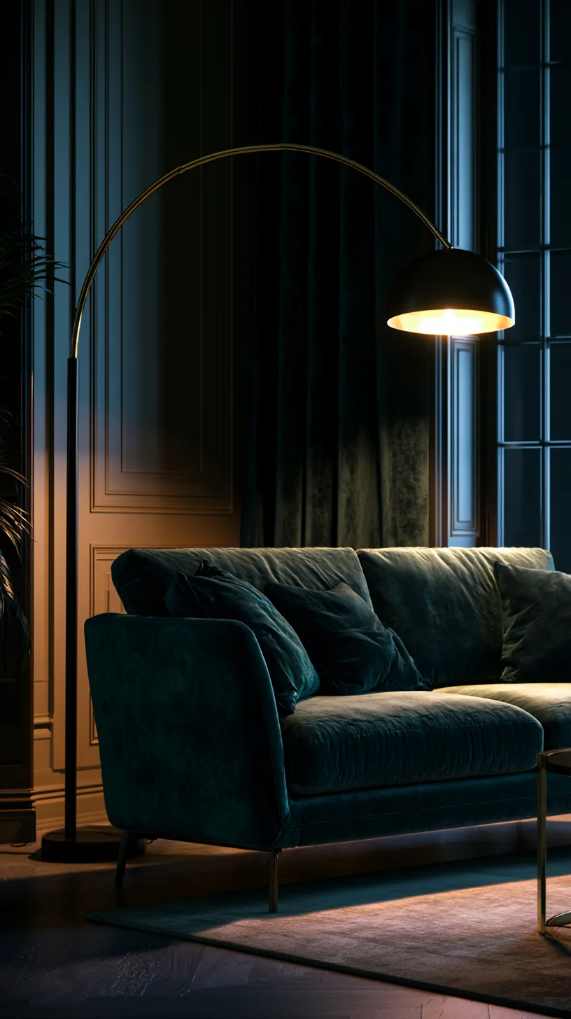 arc floor lamp casting warm light over a dark green sofa at dusk, photo 4 of 4