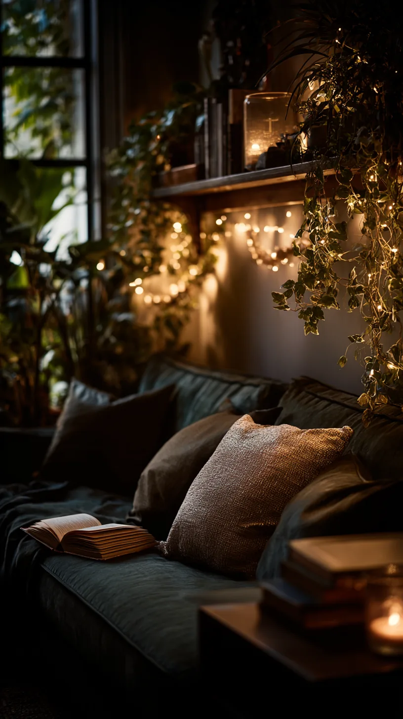 warm white string lights glowing softly around a green sofa reading nook, photo 1 of 4