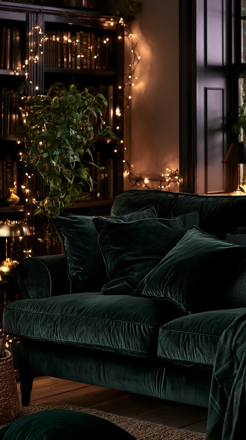 warm white string lights glowing softly around a green sofa reading nook, photo 2 of 4