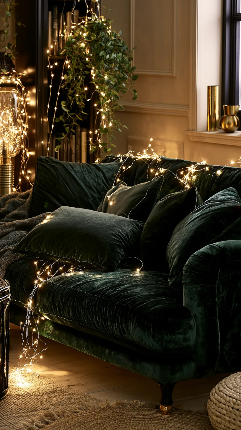 warm white string lights glowing softly around a green sofa reading nook, photo 3 of 4