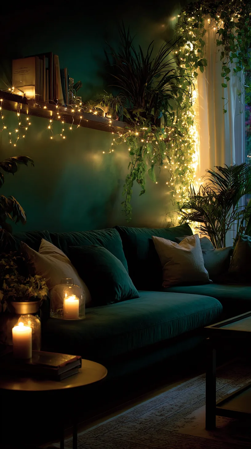 warm white string lights glowing softly around a green sofa reading nook, photo 4 of 4