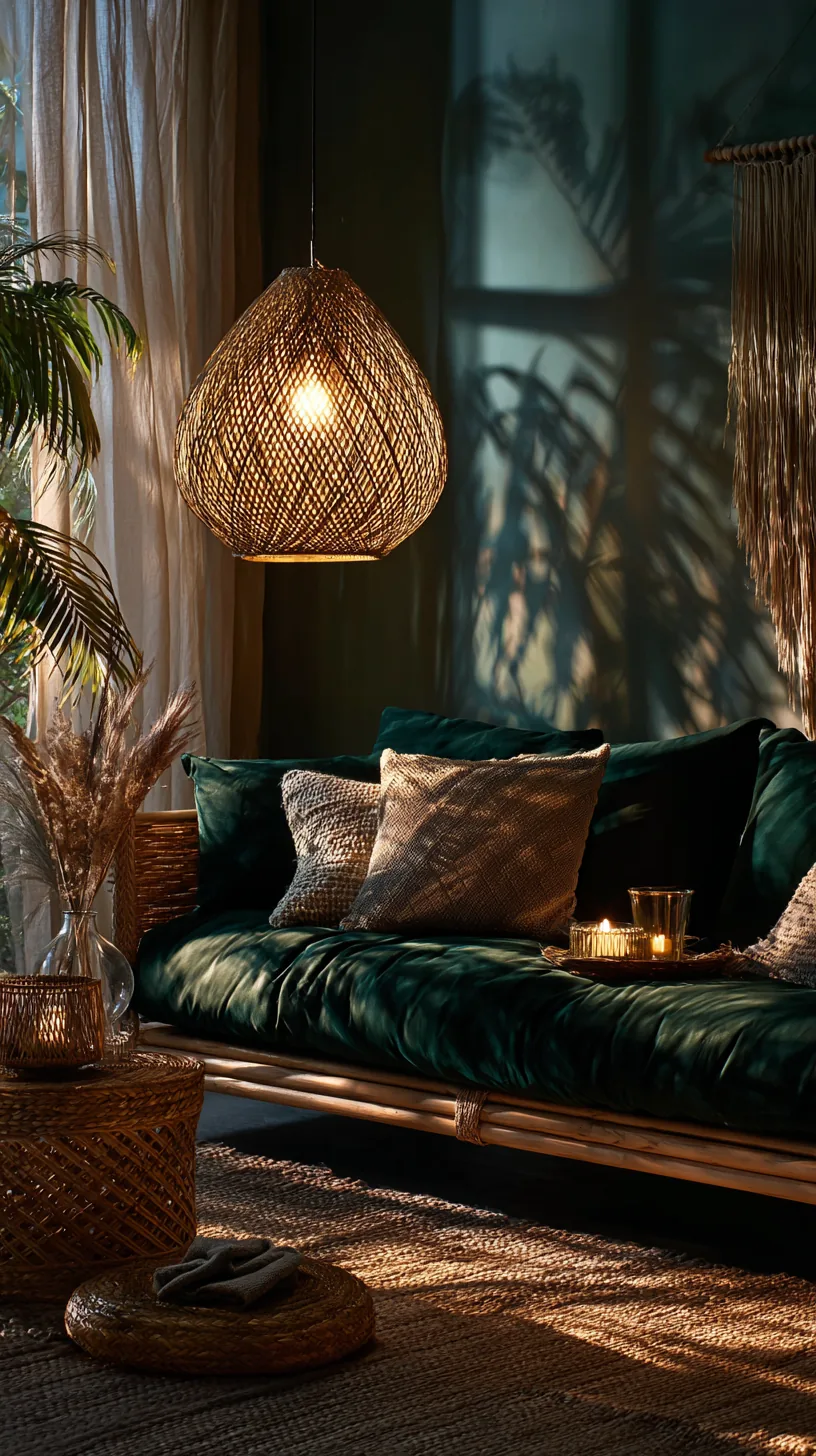 woven rattan pendant light glowing warmly above a green sofa seating area, photo 1 of 4