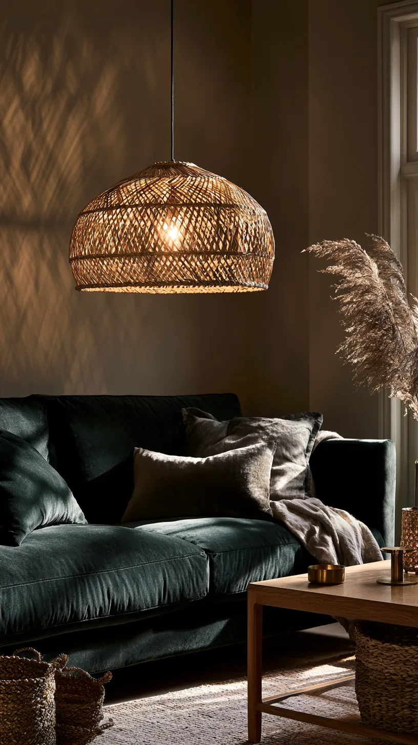 woven rattan pendant light glowing warmly above a green sofa seating area, photo 2 of 4