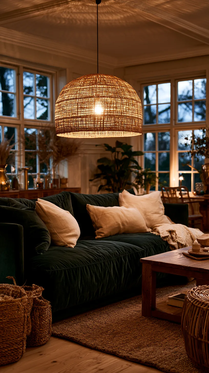woven rattan pendant light glowing warmly above a green sofa seating area, photo 3 of 4