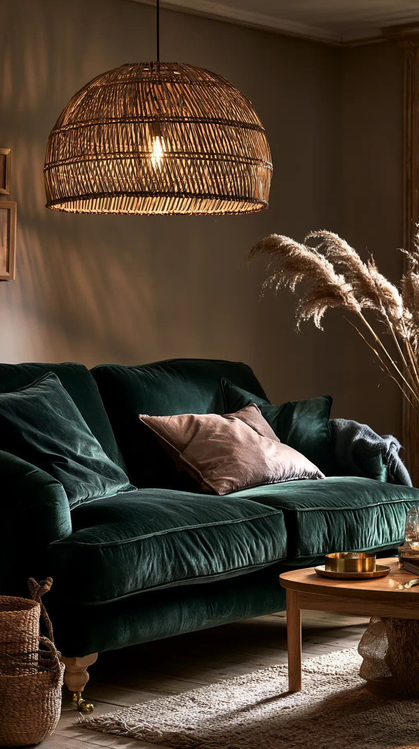 woven rattan pendant light glowing warmly above a green sofa seating area, photo 4 of 4