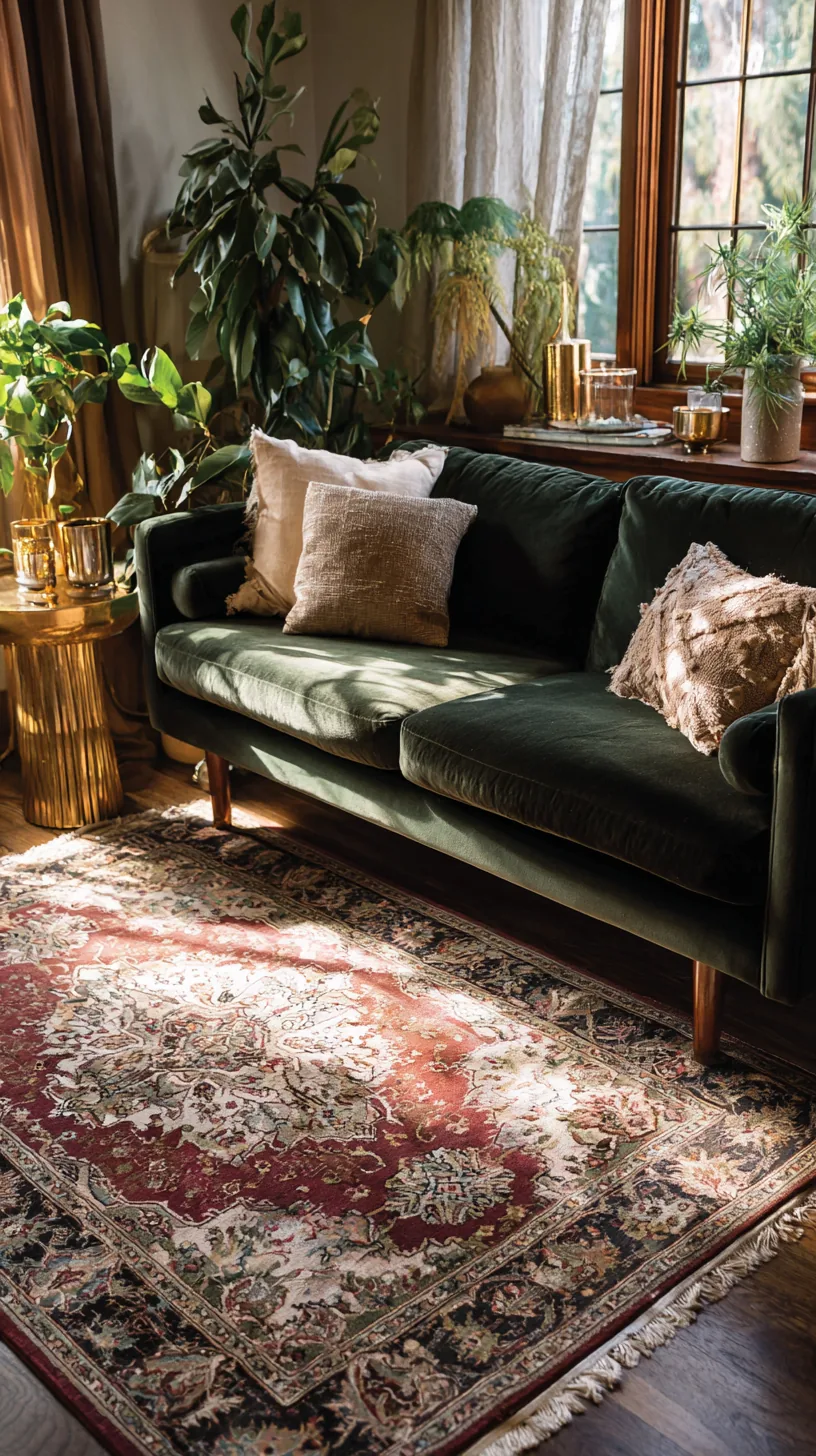 faded vintage persian style rug layered under a deep green sofa, photo 1 of 4