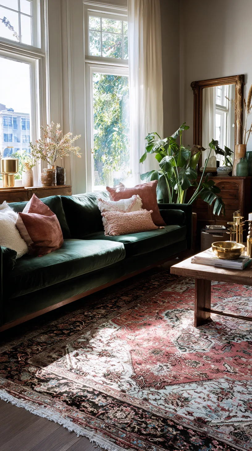 faded vintage persian style rug layered under a deep green sofa, photo 2 of 4