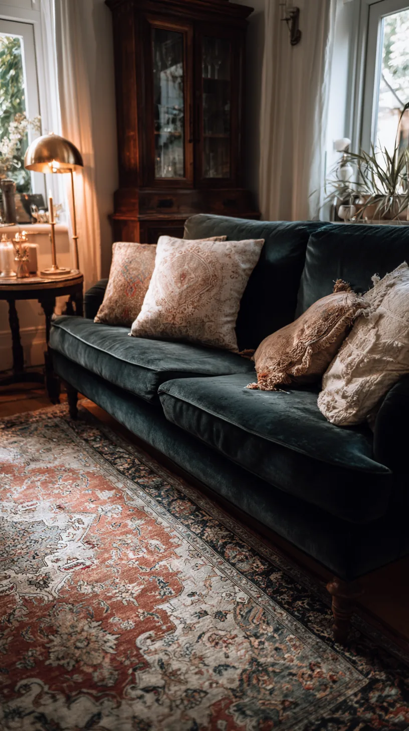 faded vintage persian style rug layered under a deep green sofa, photo 3 of 4