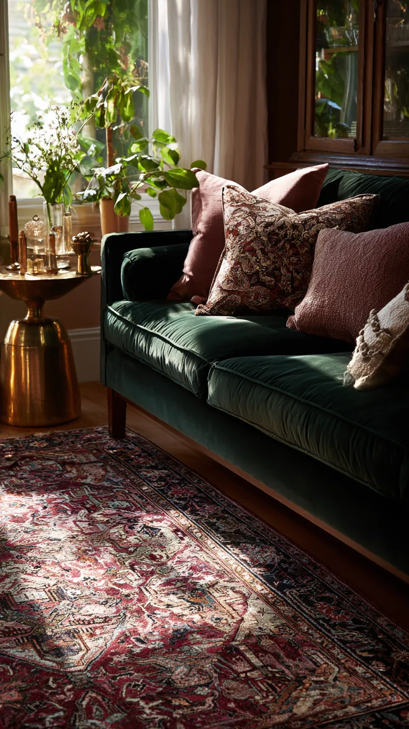 faded vintage persian style rug layered under a deep green sofa, photo 4 of 4