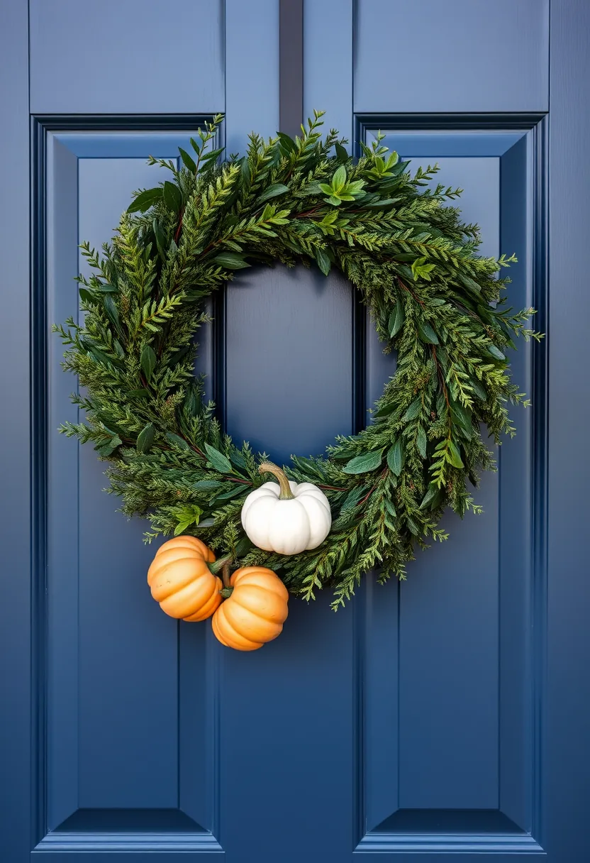Green halloween wreath with three mini faux pumpkins tucked at base: two orange and one white, on blue door