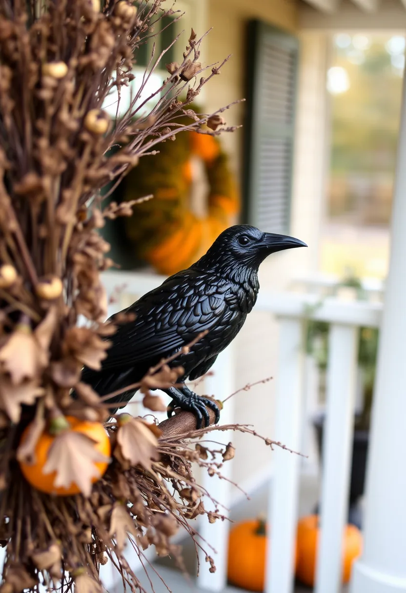 Black faux raven on dried halloween wreath of brown stems and faded flowers with orange pumpkins and porch
