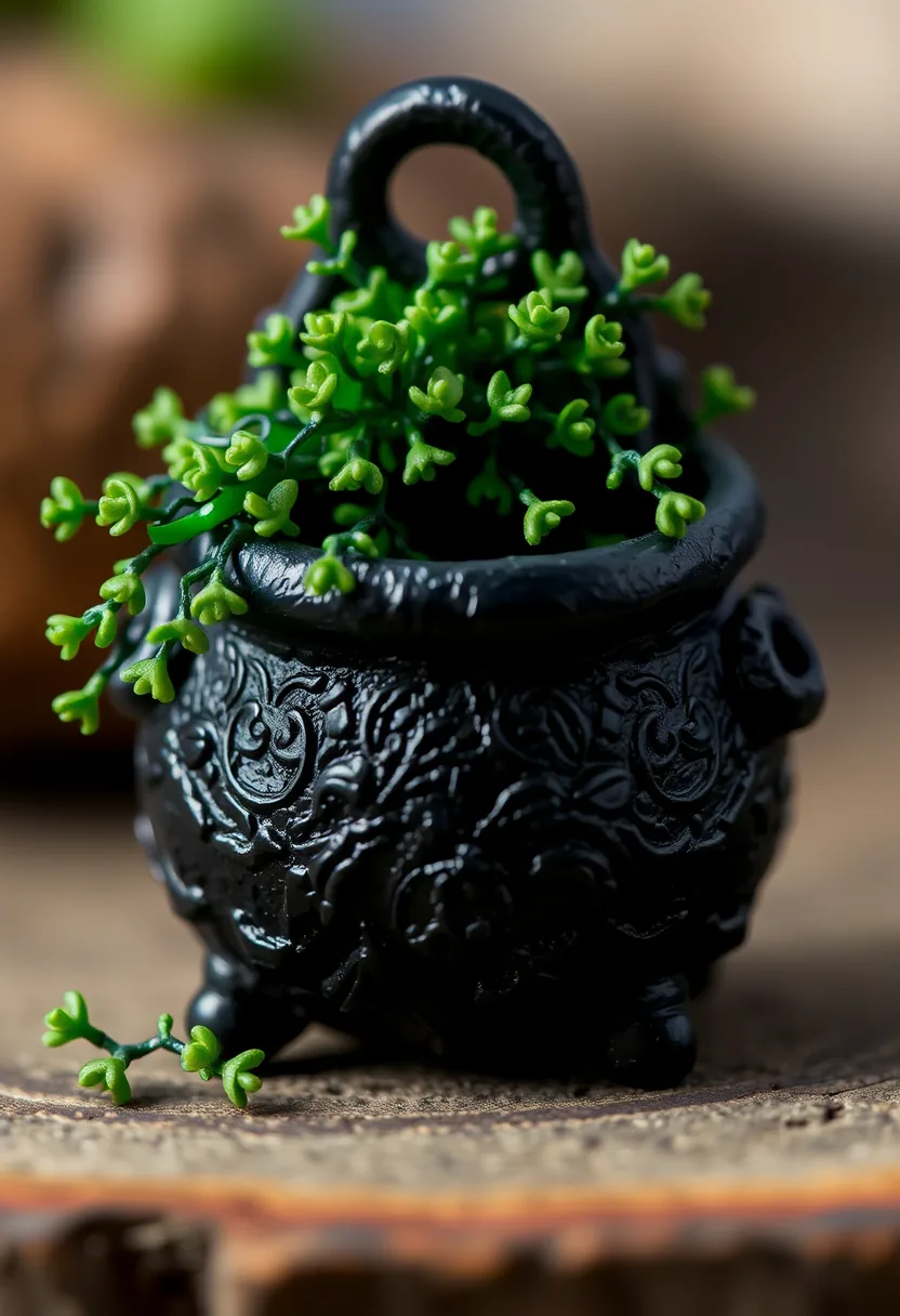 Ornate black cauldron overflowing lush green flowers for halloween wreath base decoration