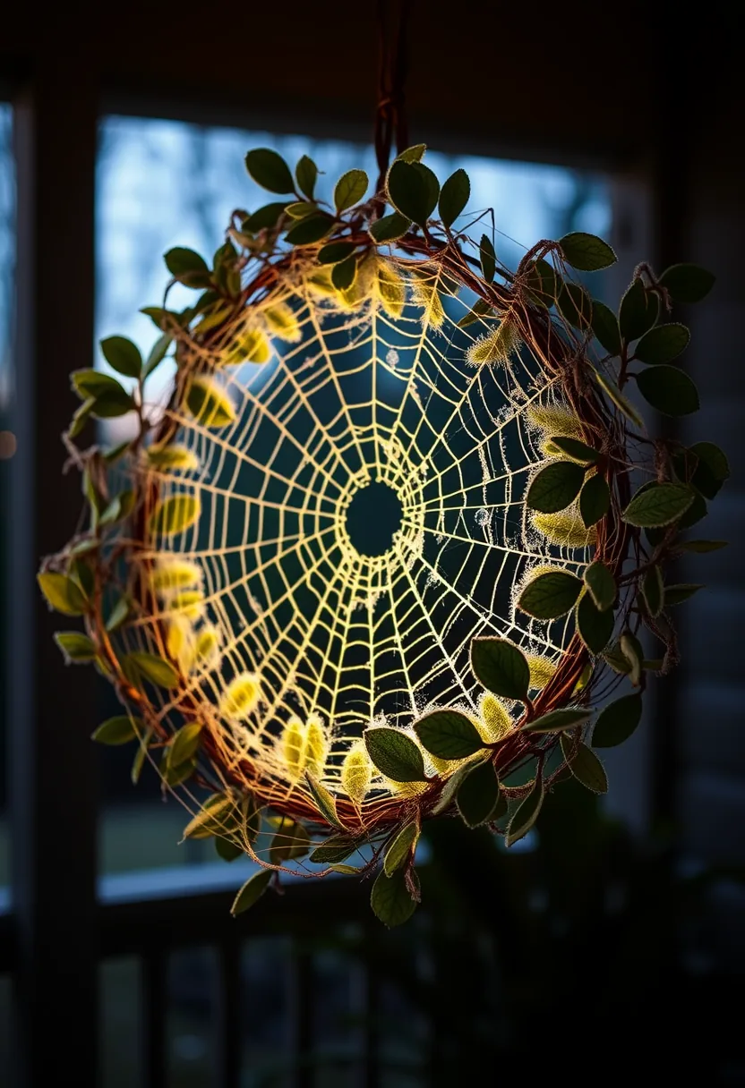 Glowing yellow cobwebs woven through eucalyptus halloween wreath with green and burgundy foliage, backlit